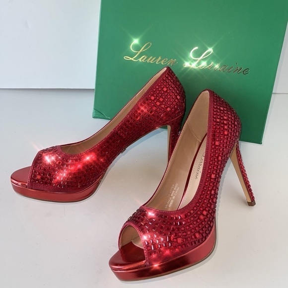 NEW! $100 Lauren Lorraine Red Heels Rhinestone Formal Dress Heels Sexy Sz 8.5M - Picture 10 of 14